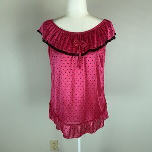Y2K Polka Dot Babydoll Fuchsia Pink Bow Top M Pajama Ruffle Lace Pinup Retro